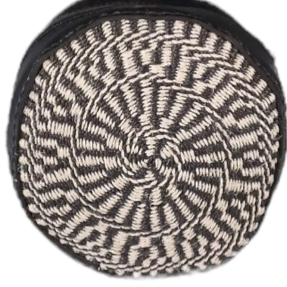 Round Woven & Leather Crossbody Bag Black White Spiral Boho Festival Purse - Picture 4 of 8